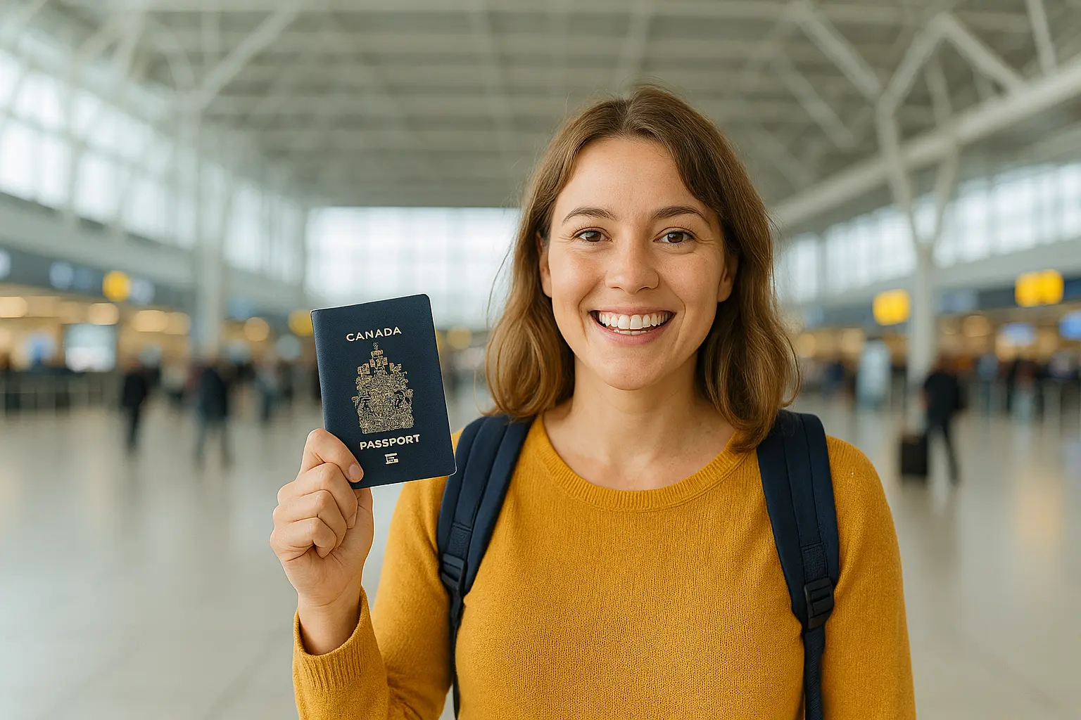 Smiling woman holding passport at airport — Visit Canada travel entry, visa, and authorization requirements