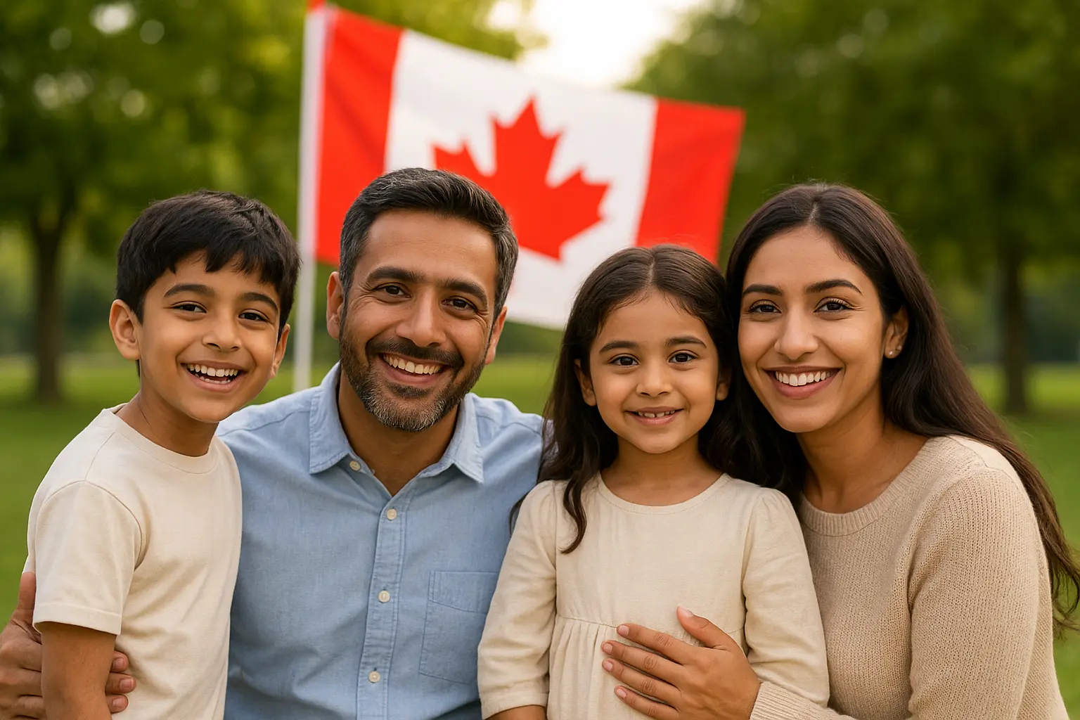 A happy family of four smiling together in a park with a Canadian flag in the background, representing family sponsorship in Canada.