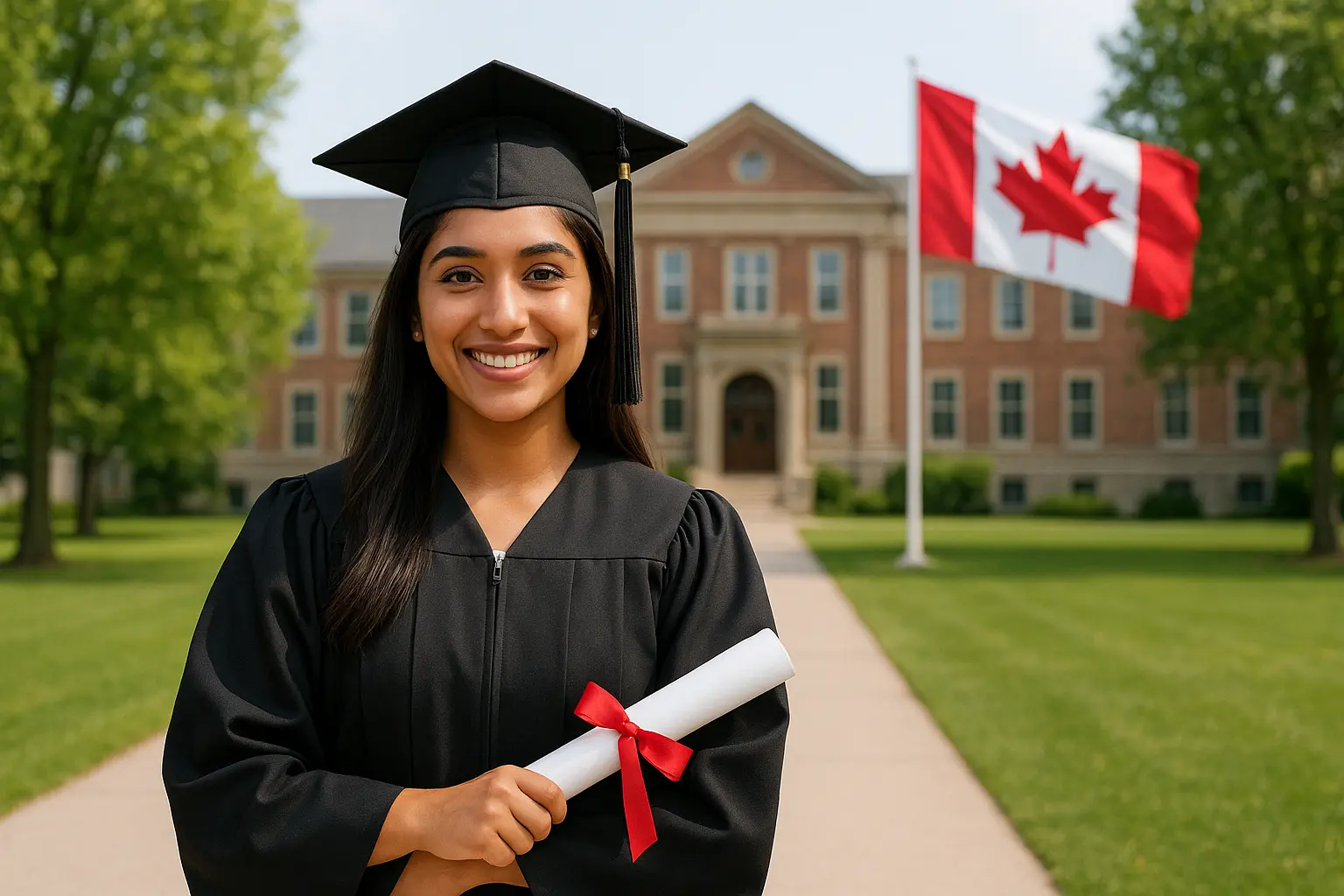 International student in cap and gown holding diploma outside a Canadian university with a Canadian flag, representing Post-Graduation Work Permit opportunities in Canada