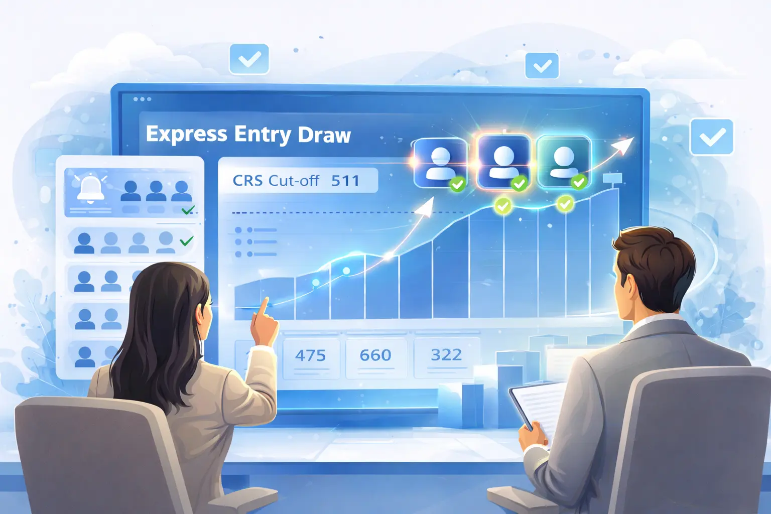 Immigration consultants analyzing Express Entry draw results , highlighting CRS cut-off scores, selected candidates, and immigration selection trends for Canada
