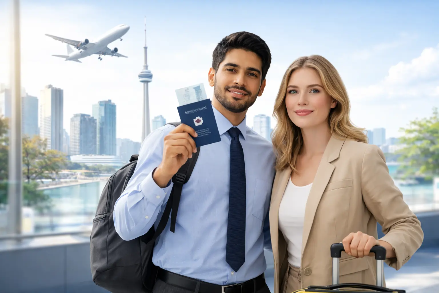 Skilled professionals arriving in Canada through the Express Entry immigration program, taking their first photo at a Canadian airport