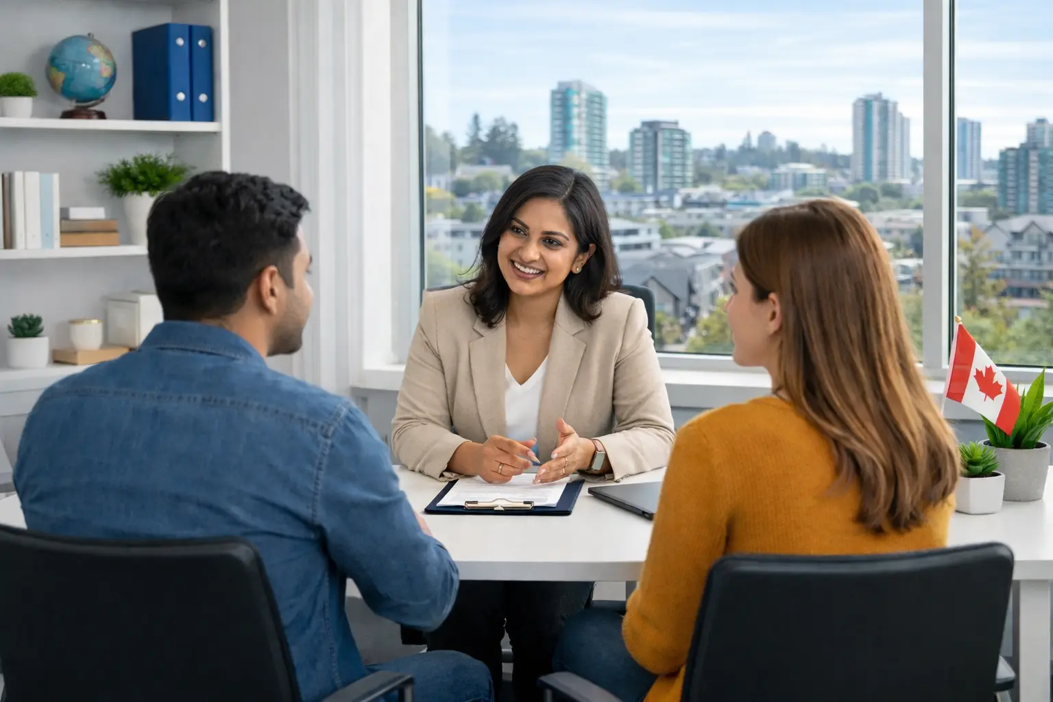 
Immigration consultant in Surrey BC providing a consultation to a couple in at Strive Immigration Services.