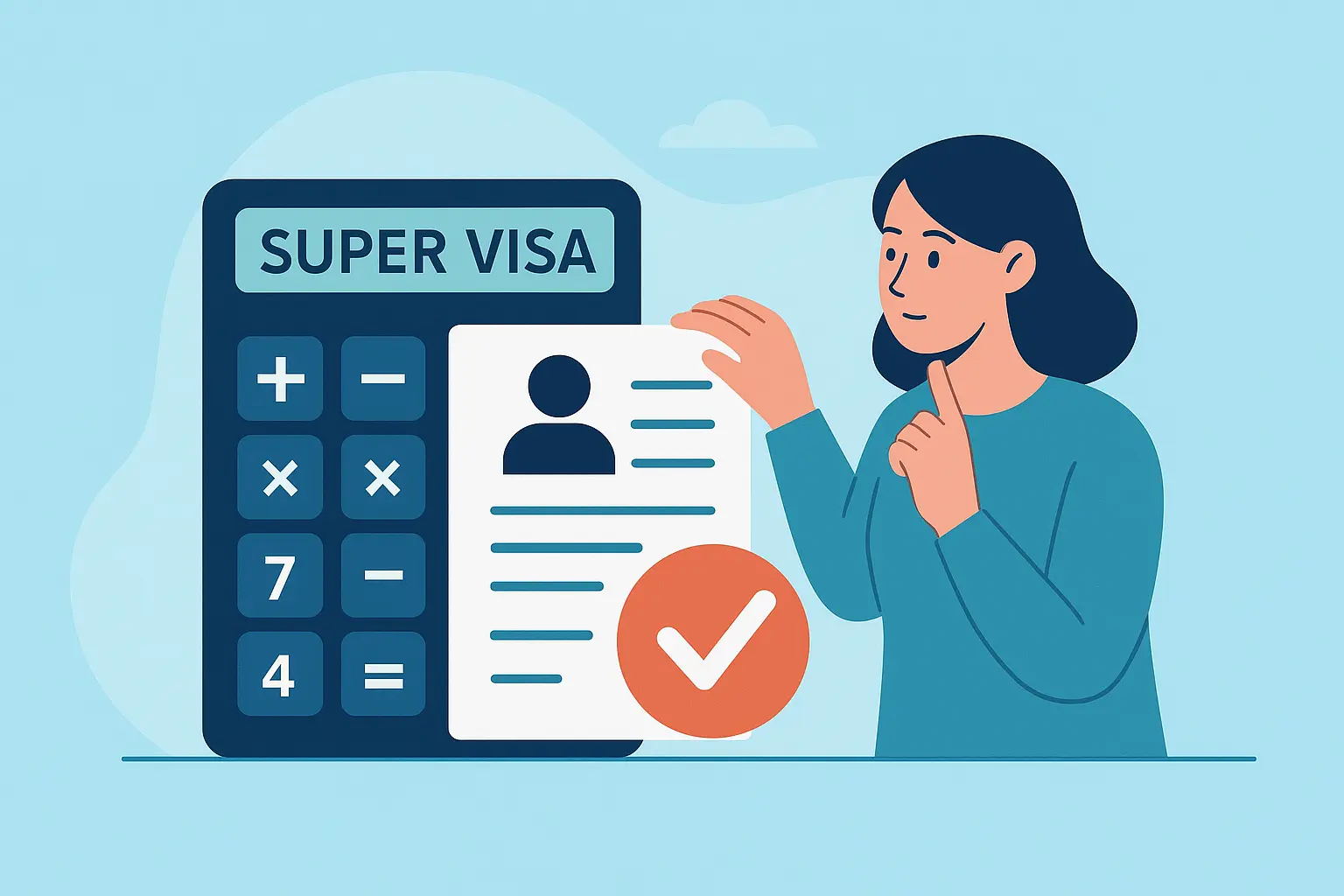 Illustration representing the Super Visa Eligibility Calculator for Canada, showing a person reviewing the income requirements to invite parents and grandparents to Canada.