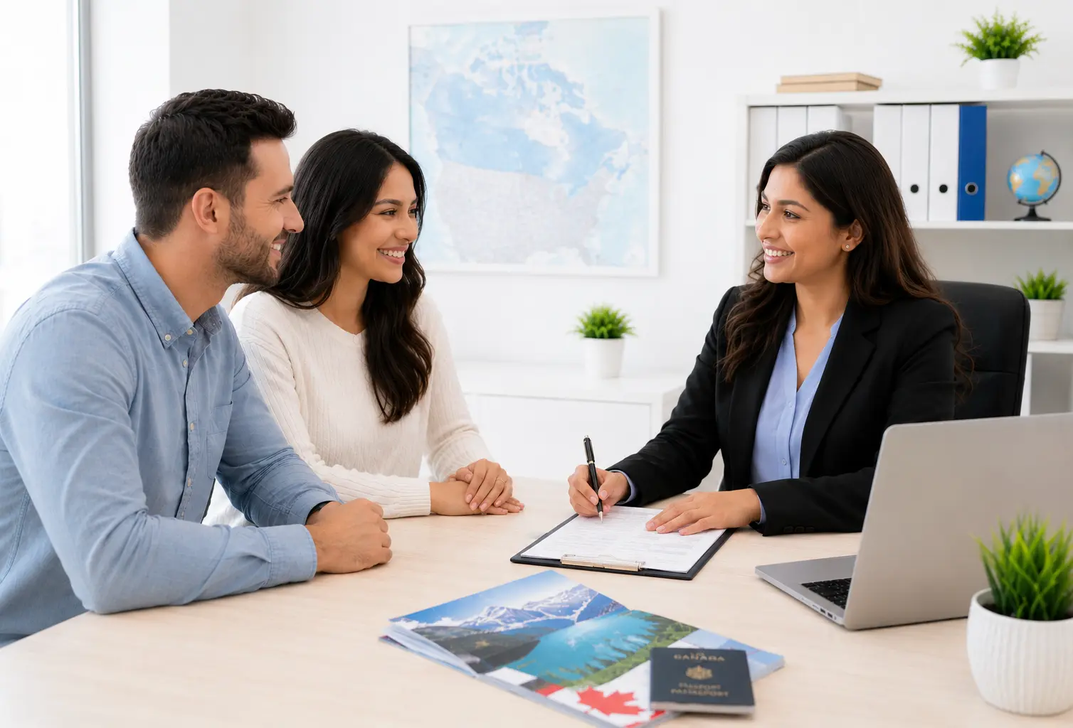 Canada Immigration Consultants in Surrey BC | Strive Immigration Services Canada immigration consultant meeting with clients during an immigration consultation in a Surrey BC office.